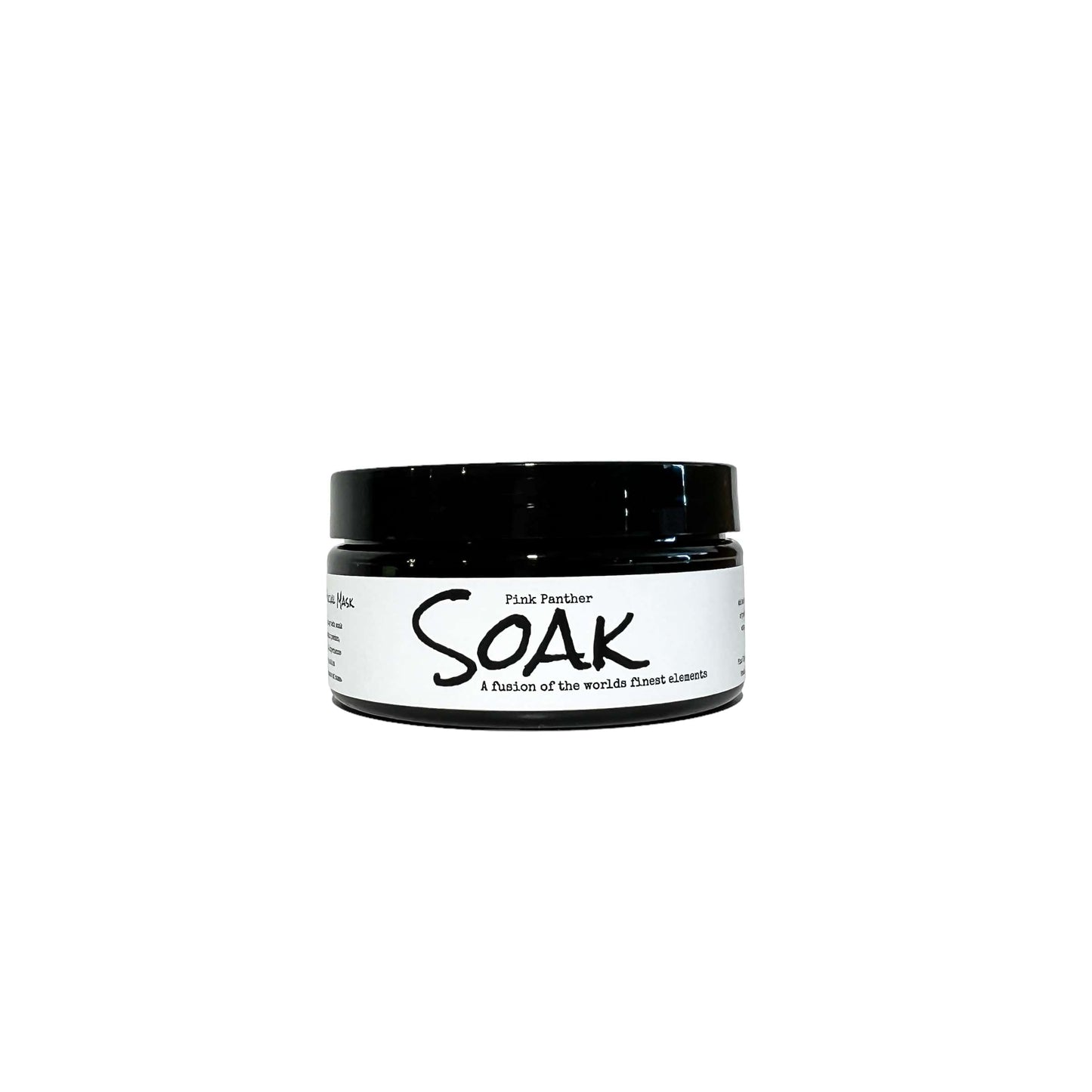 A 4oz round black jar with a white label named Pink Panther Clay Soak, with a wooden spoon, on a white background, made by Ebony & Ivory Candle Co in Lethbridge, Alberta, Canada