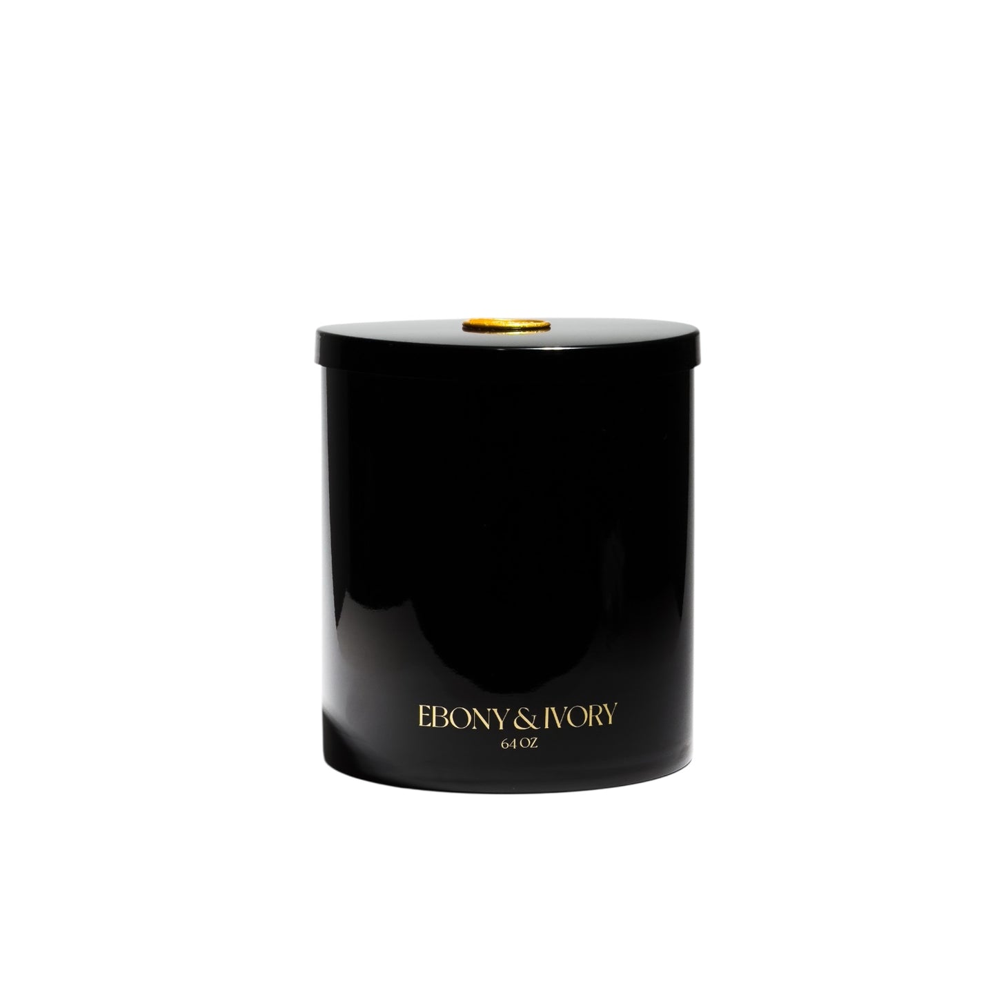 A large 64oz black jar soy candle with gold lettering and a gold wax seal on the lid, on a white background, made by Ebony & Ivory Candle Co in Lethbridge, Alberta, Canada