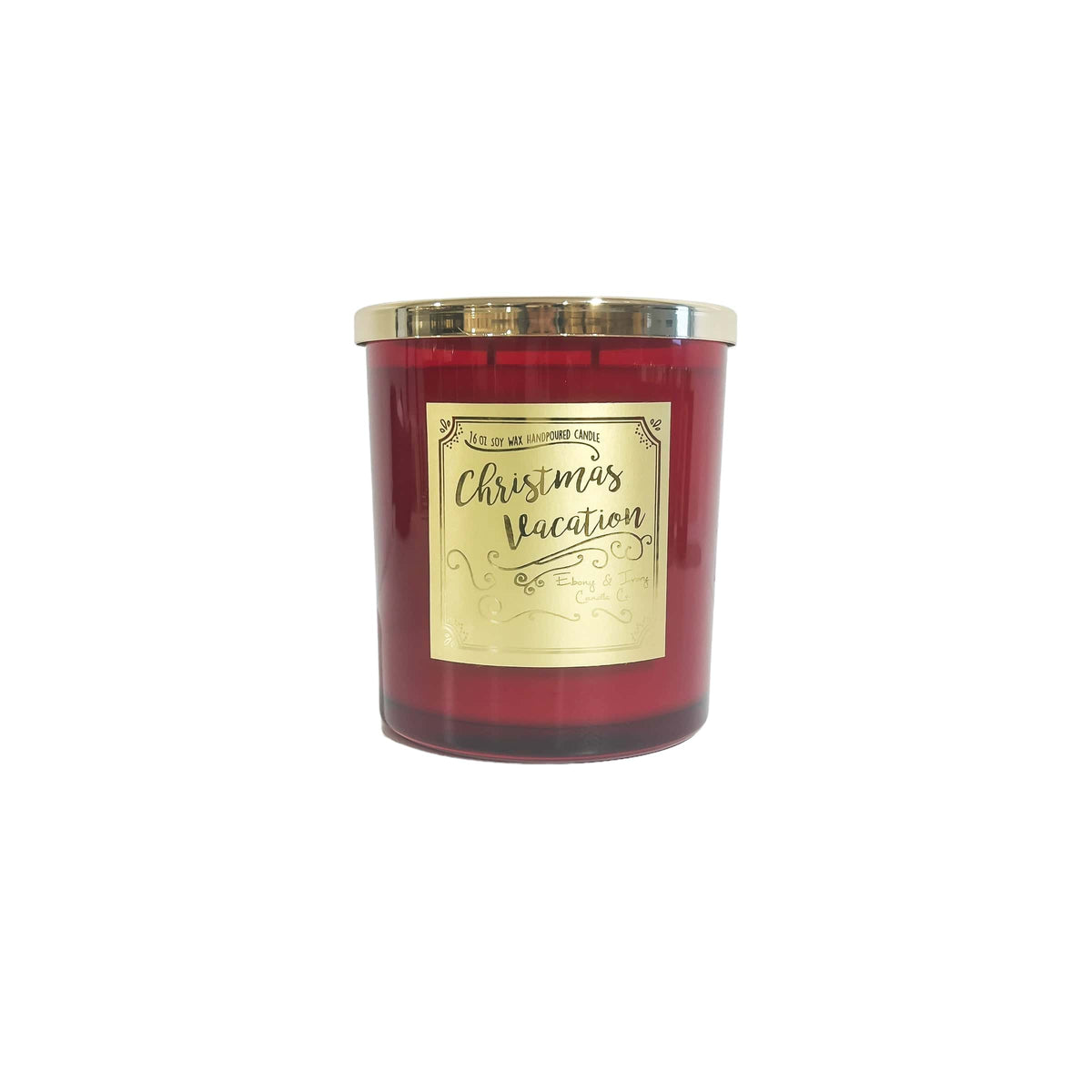 A red 16oz soy christmas candle with a gold lid and a gold label named "christmas vacation"