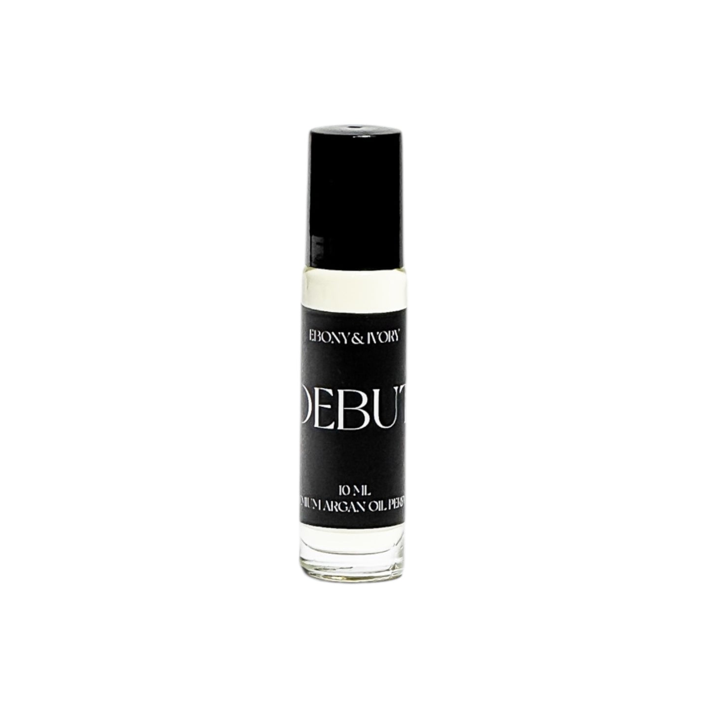 A clear 10ml bottle of argan oil perfume roll on with a black lid and a black label named DEBUT, on a white background, made by Ebony & Ivory Candle Co in Lethbridge, Alberta, Canada