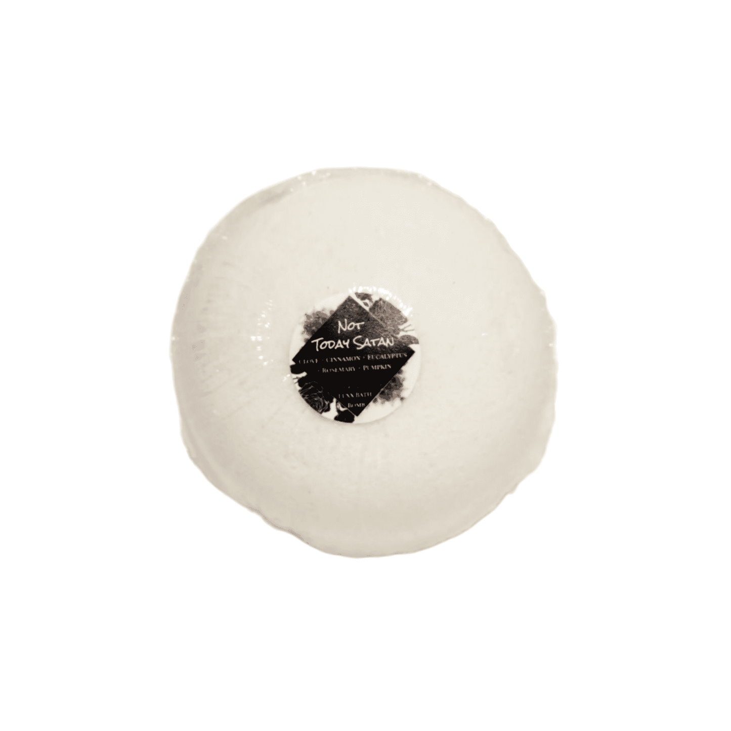 A white bath bomb with a round sticker label named Not Today Satan, on a white background, made by Ebony & Ivory Candle co in Lethbridge, Alberta, Canada