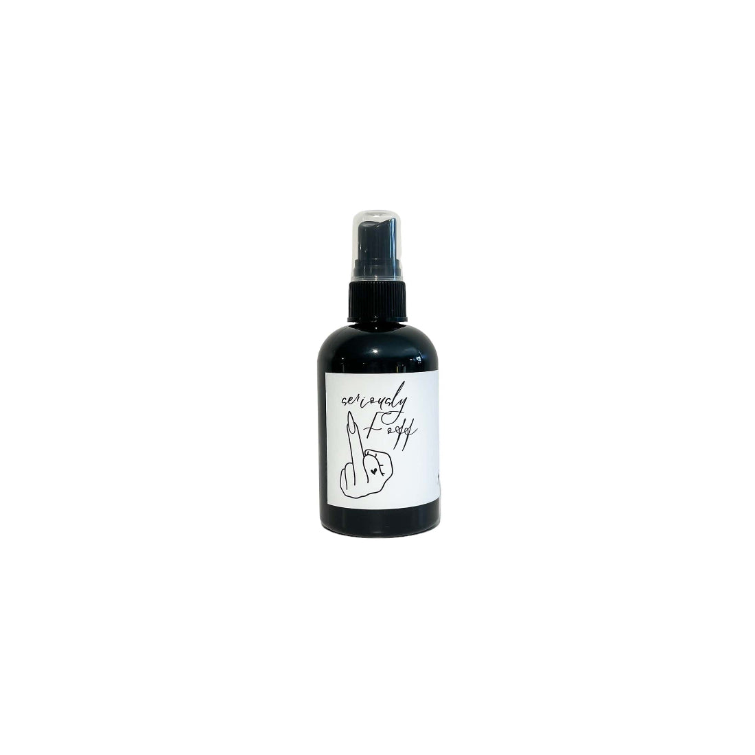 A black bottle body spray labeled 'Seriously, Fìk Off' with a gold lid, alongside a black spray bottle with white label that reads ' Seriously, Fìk Off'.