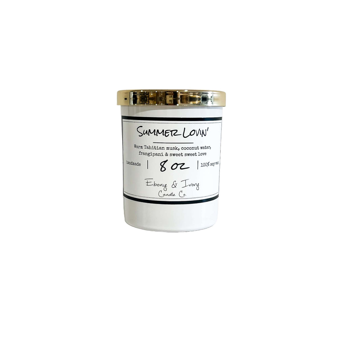 A white 8oz soy candle with a gold lid labelled Summer Lovin, on a white background. Made in lethbridge Alberta Canada