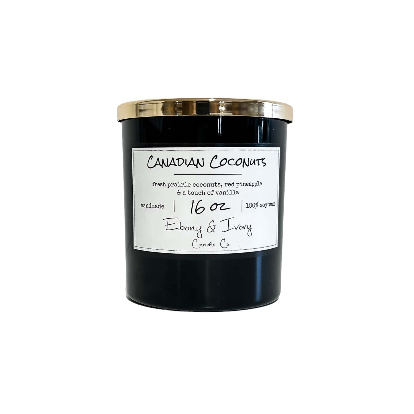 Black, sixteen ounce, coconut, pineapple, and vanilla scented soy wax candle with a gold lid and a white label that reads Canadian Coconuts
