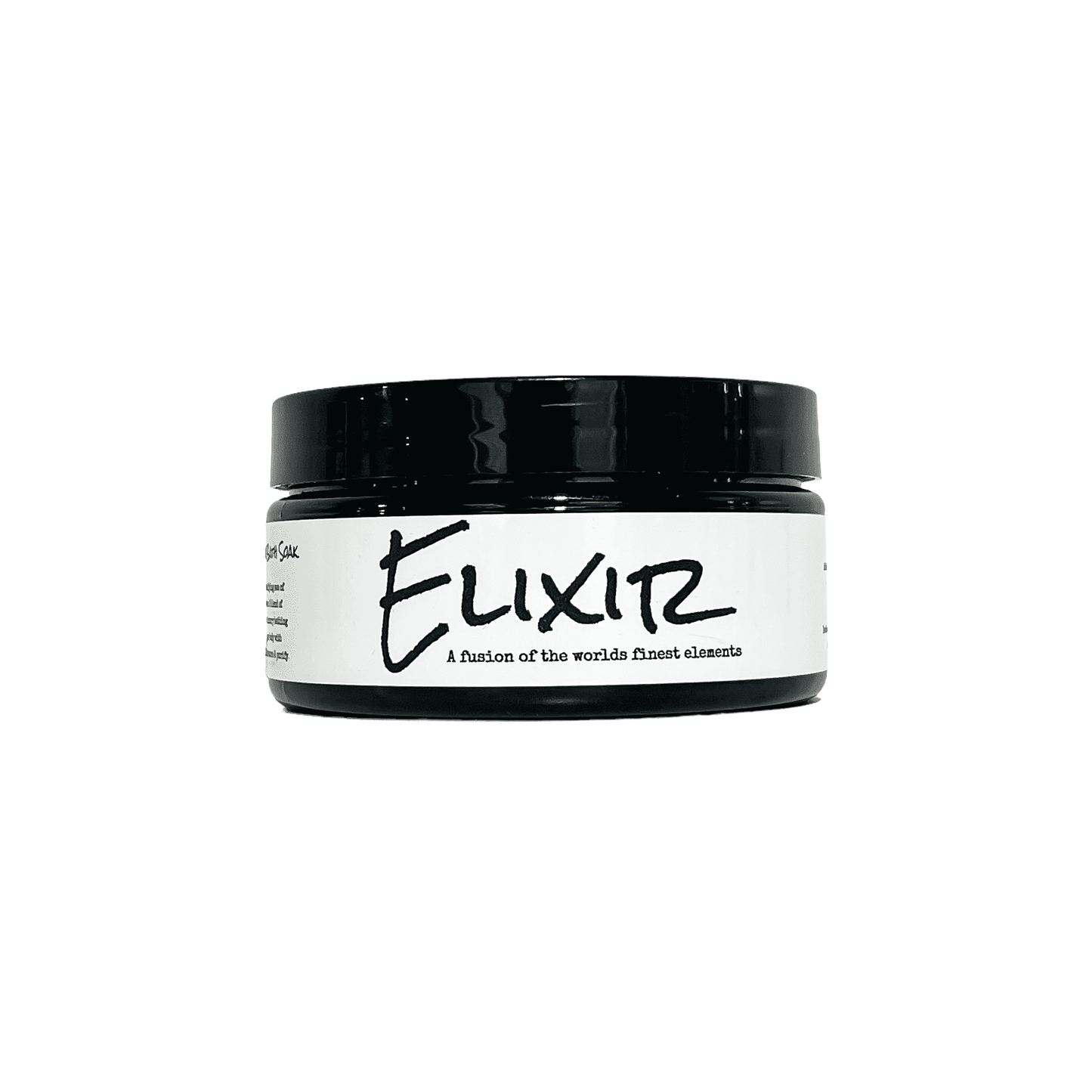 Black container with a white label that reads "elixir" and is filled with pink Himalayan salt, dead sea salt, epsom salt, and peppermint essential oils.