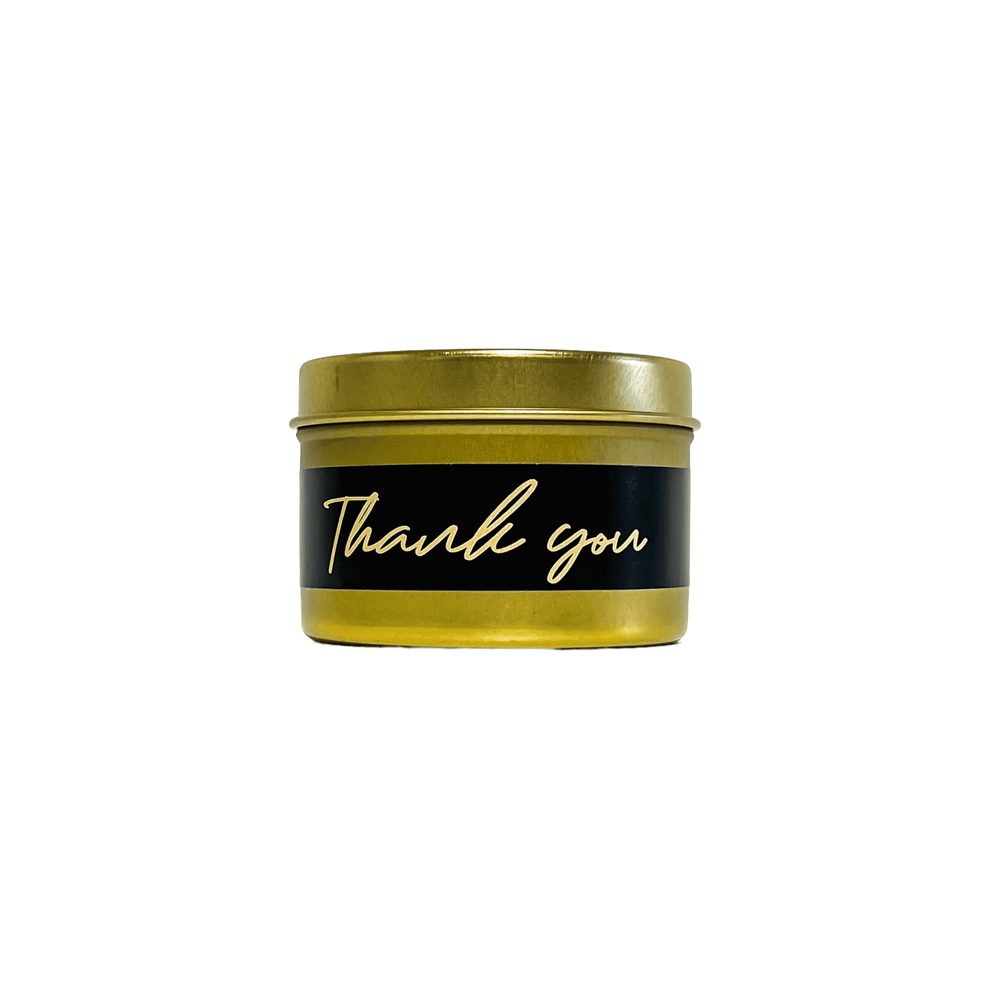 gold four ounces, pink salt and water lily scented soy wax candle with a gold and a black label that reads Thank you