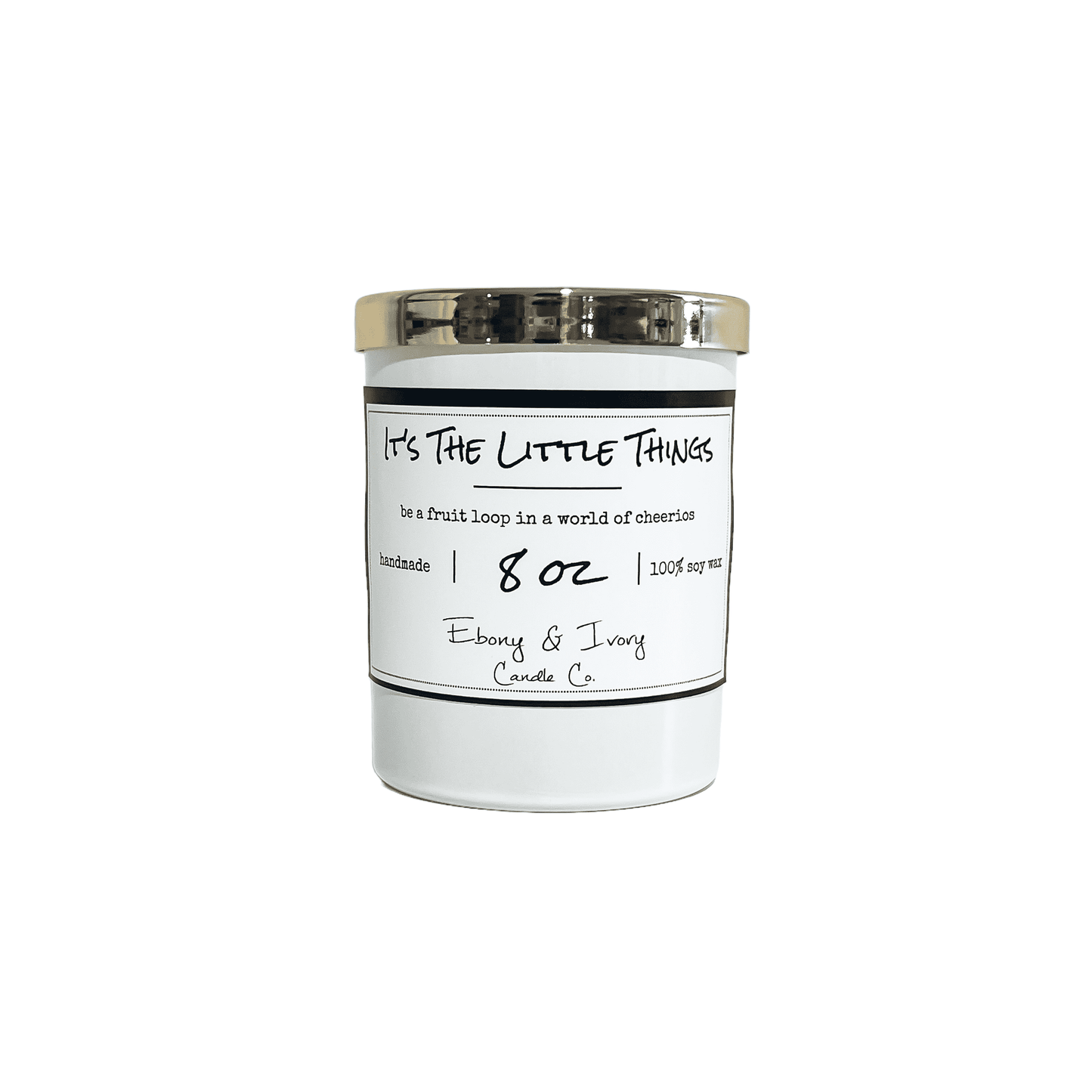A white jar 8oz soy candle with a gold lid and a white label named It's The Little Things on a white background, made by Ebony & Ivory Candle Co in Lethbridge, Alberta, Canada