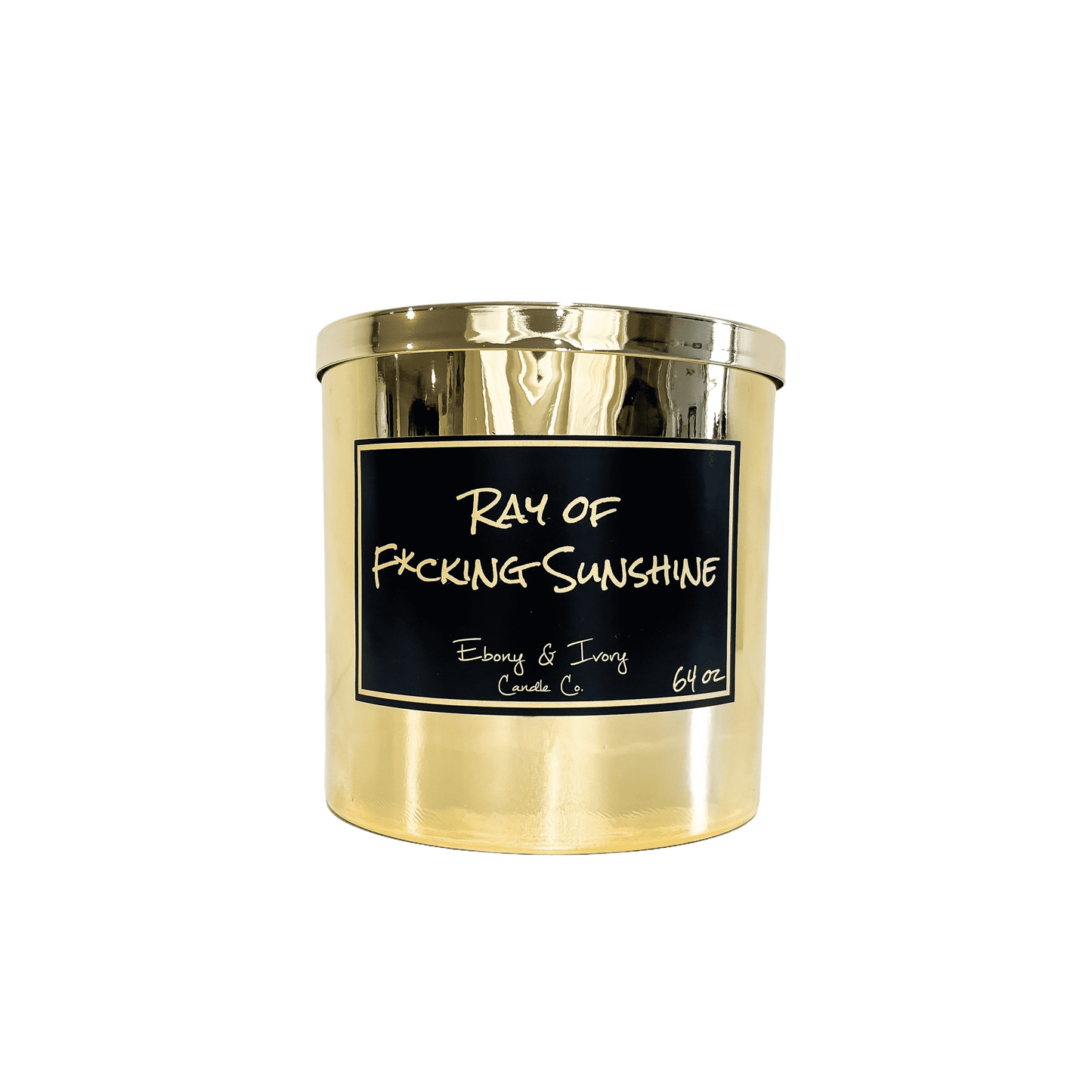 Gold, sixty four ounce, sun tan lotion scented soy wax candle with a black label and a gold lid