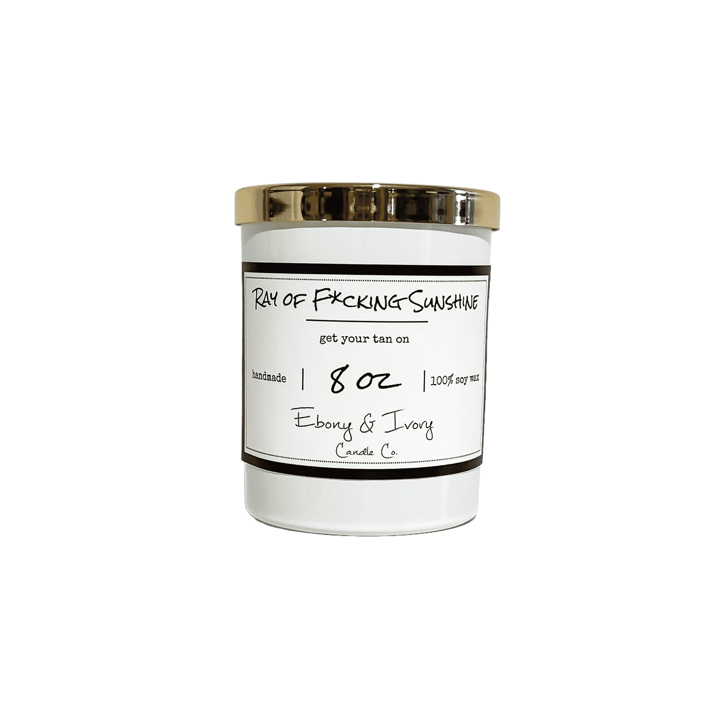White, eight ounce, sun tan lotion scented soy wax candle with a white label and a gold lid