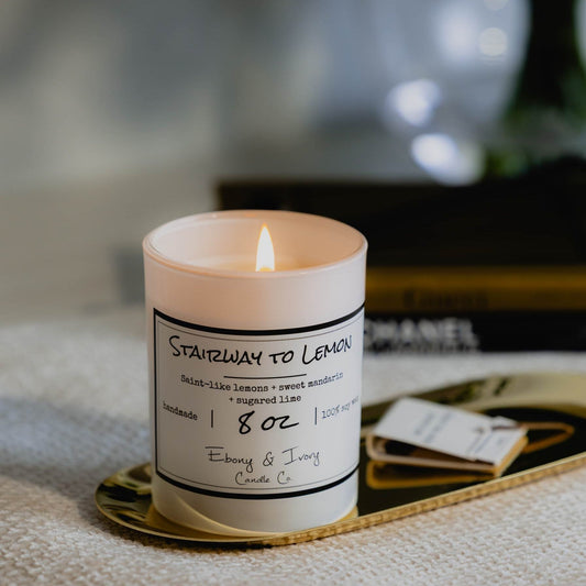 8oz Stairway to Lemon lemon scented soy candle in luxury white jar