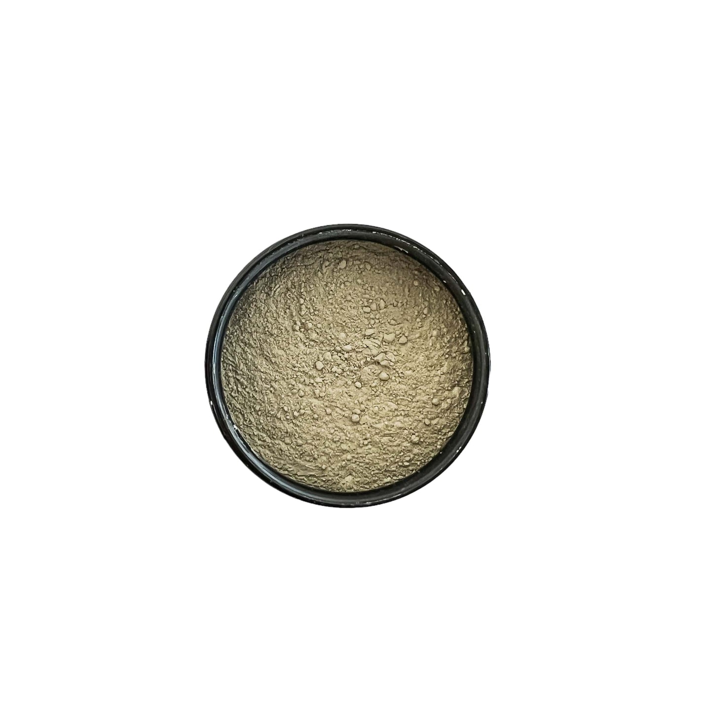 A top down shot of a round black jar with green clay bath soak, on a white background, made by Ebony & Ivory Candle Co in Lethbridge, Alberta, Canada