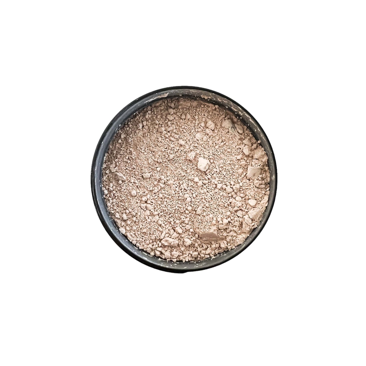 A top down shot of a round black jar with pink clay bath soak, on a white background, made by Ebony & Ivory Candle Co in Lethbridge, Alberta, Canada