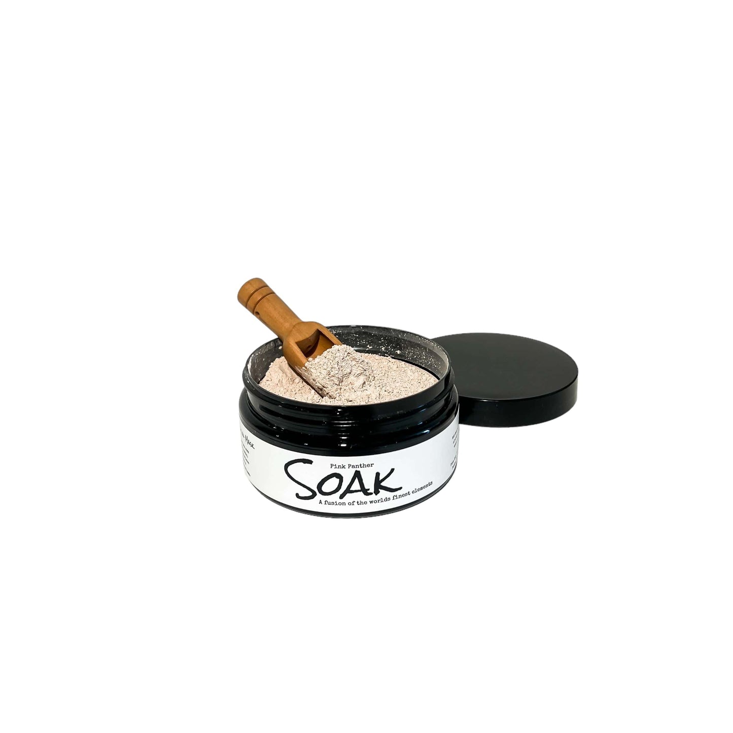 A 4oz round black jar with a white label named Pink Panther Clay Soak, with a wooden spoon, on a white background, made by Ebony & Ivory Candle Co in Lethbridge, Alberta, Canada