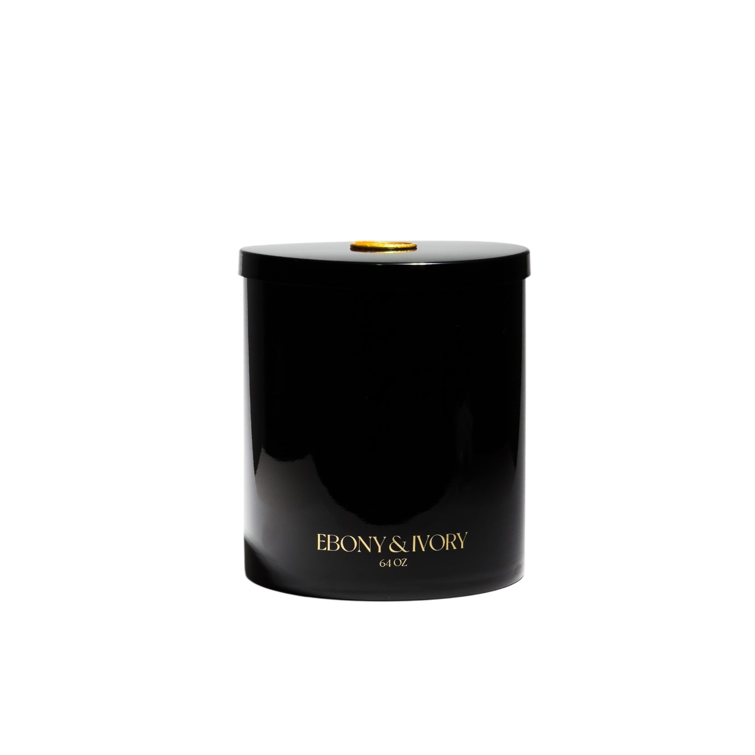 A large 64oz black jar soy candle with gold lettering and a gold wax seal on the lid, on a white background, made by Ebony & Ivory Candle Co in Lethbridge, Alberta, Canada
