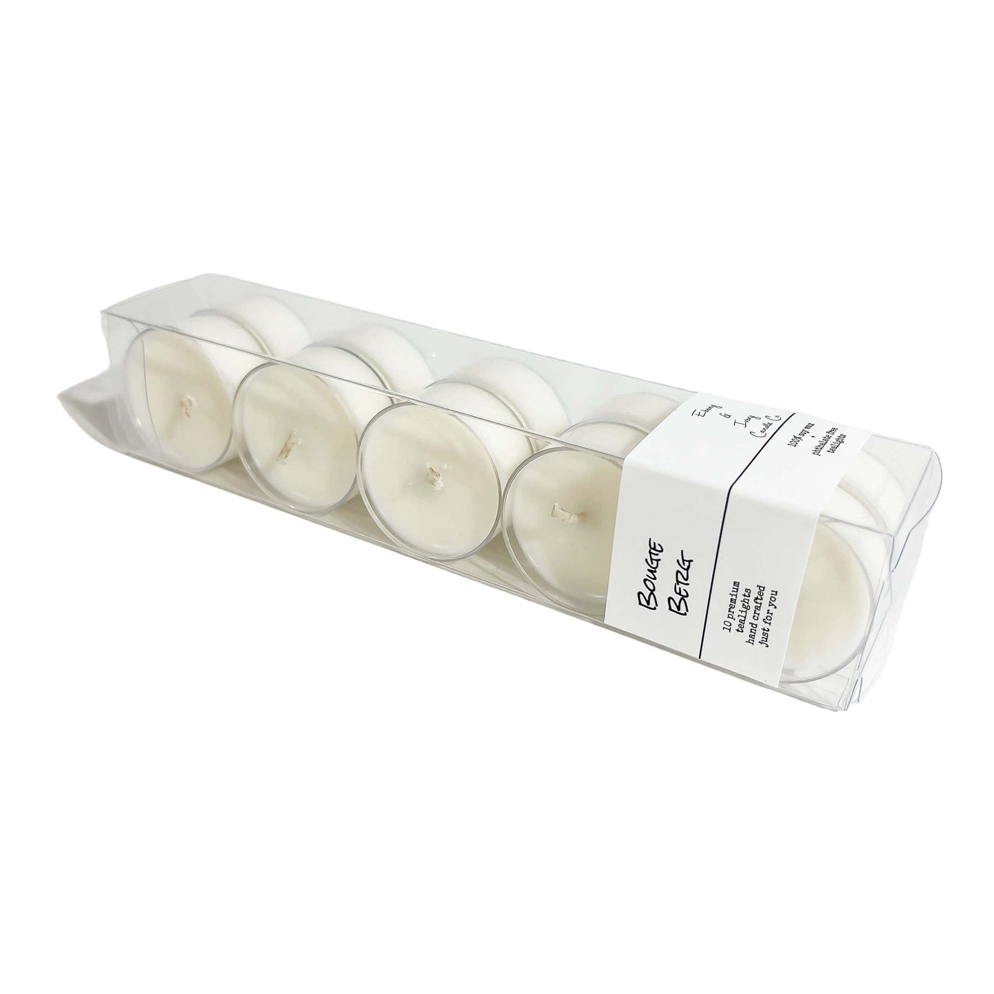 A clear box of 10 tea lights with a white label named Bougie Berg, on a white background, made by Ebony & Ivory Candle Co in Lethbridge, Alberta, Canada