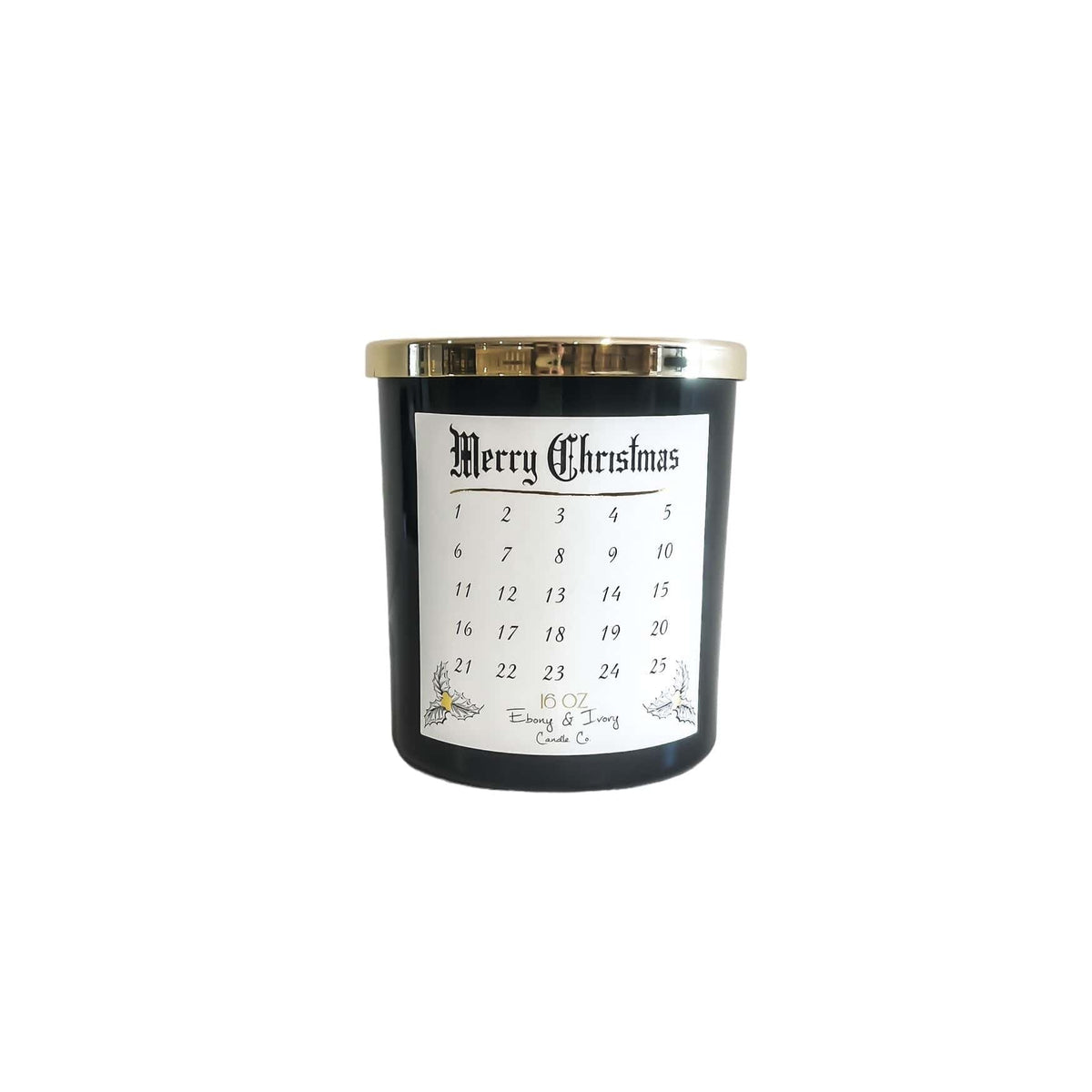 A black 16oz soy wax candle with a gold lid a white label reading "merry christmas" and numbered from 1 through 25 to countdown the days to christmas.