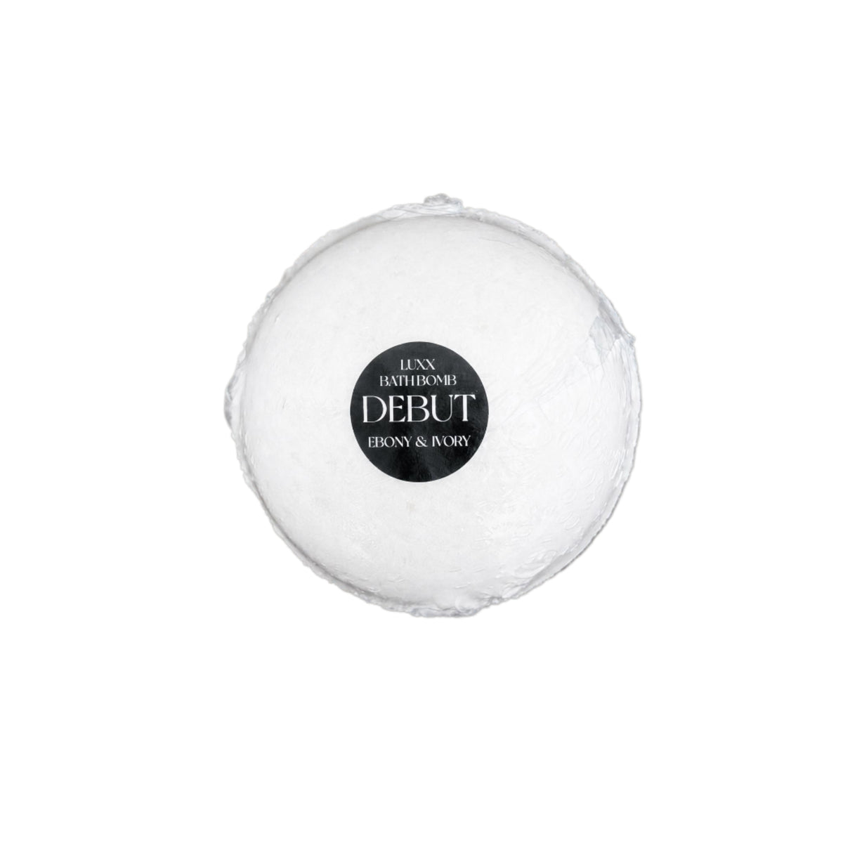 A luxury bath bomb with a black label named "debut"