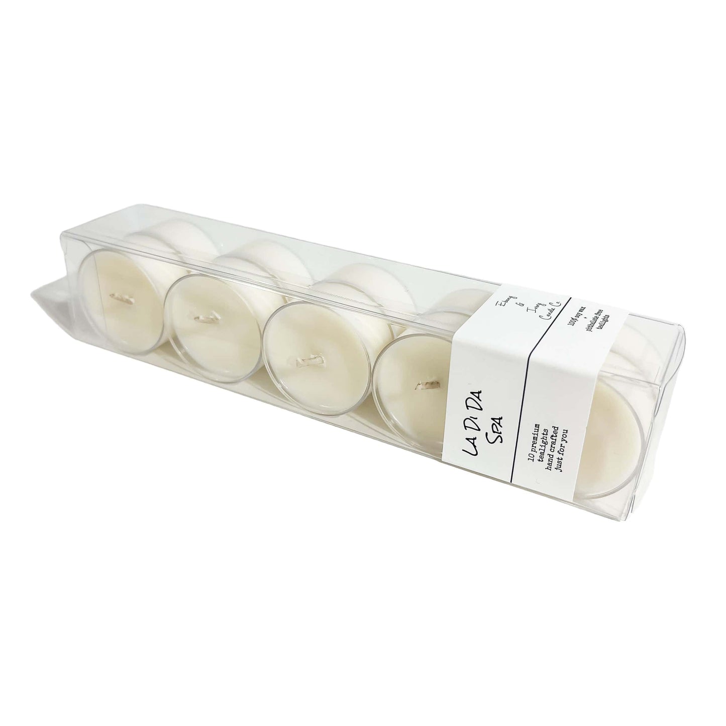 A clear box of 10 soy tea lights with a white label named La Di Da Spa, on a white background, made by Ebony & Ivory Candle Co in Lethbridge, Alberta, Canada