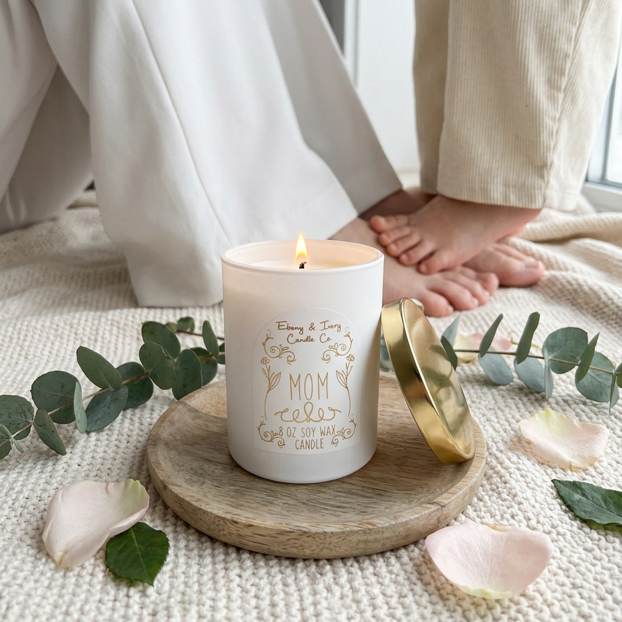 A white 8oz soy candle with a gold lid and white label with gold lettering that reads "Mom," sitting on a wooden tray with a mother and her child's feet behind it. Made by ebony & ivory candle co in lethbridge alberta canada