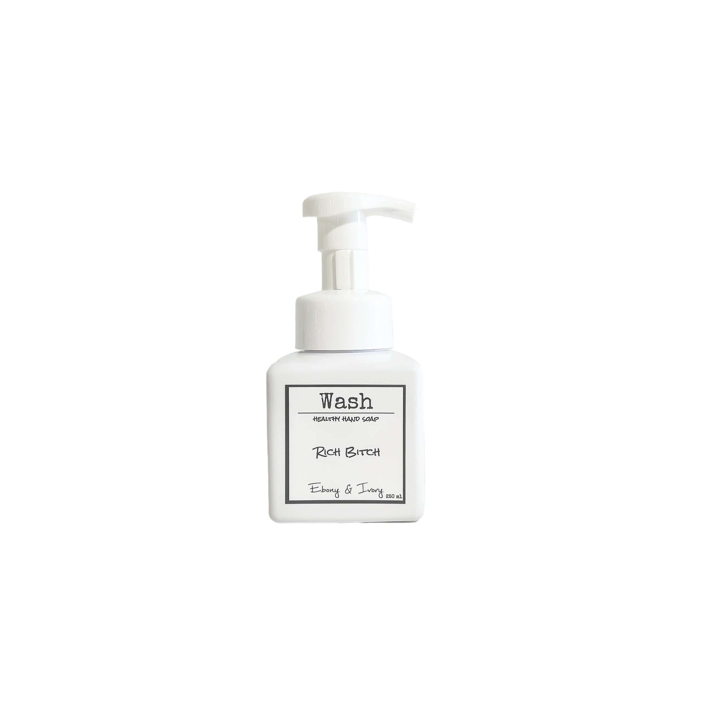 A white pump bottle of foaming hand soap with a white label named Rich Bitch, on a white background, made by Ebony & Ivory Candle Co in Lethbridge, Alberta, Canada