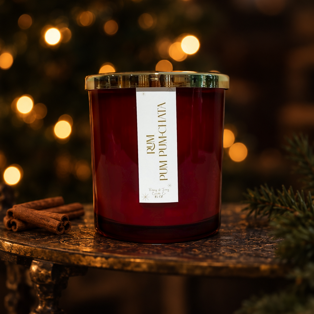 Soy christmas candle in red jar named rum pumpumpchata. smells like a rum chata candle.