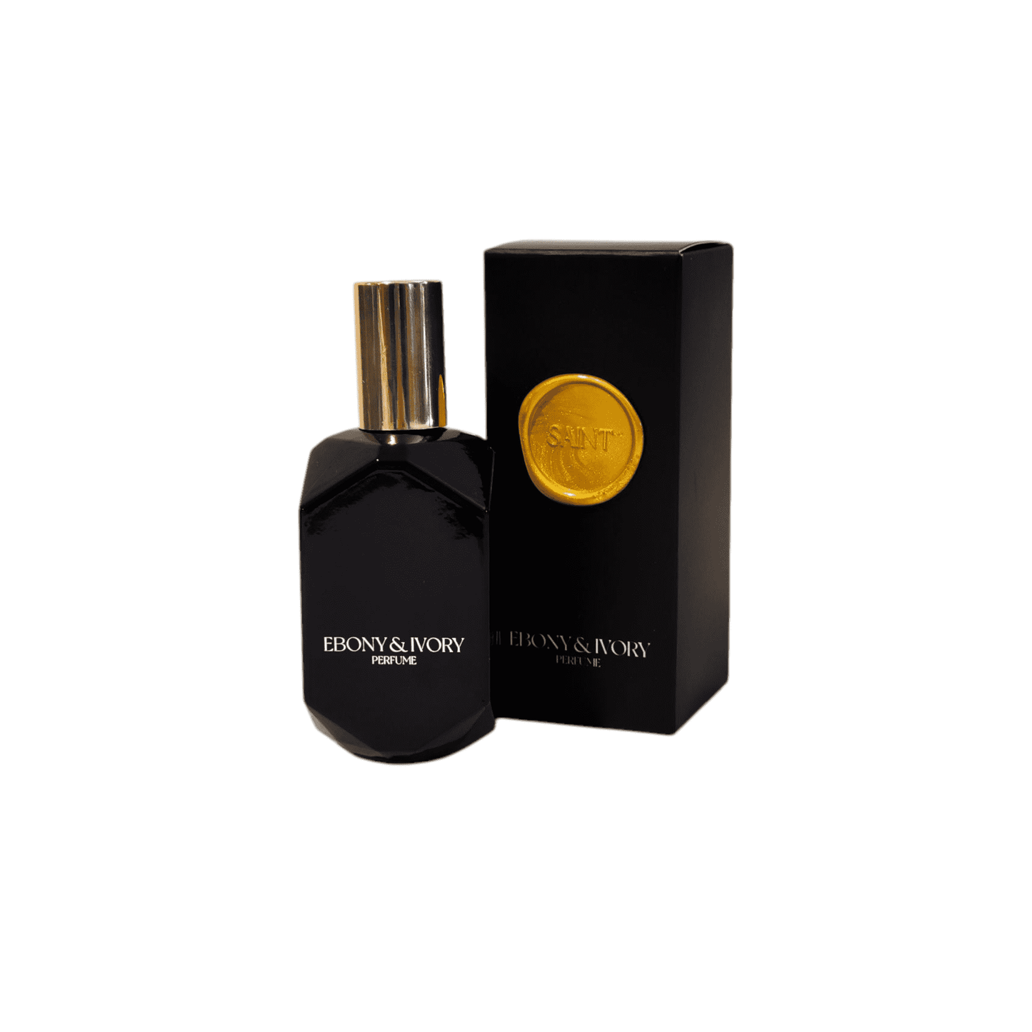 A black geometric perfume bottle with a gold lid and white text that says Ebony & Ivory Perfume, sitting next to a black box with a gold wax seal named SAINT, on a white background, made in lethbridge, alberta, canada