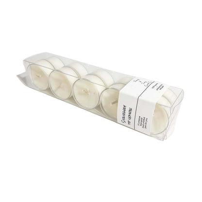 A clear box of 10 soy tea lights with a white label named Stairway to Lemon, on a white background, made by Ebony & Ivory Candle Co in Lethbridge, Alberta, Canada