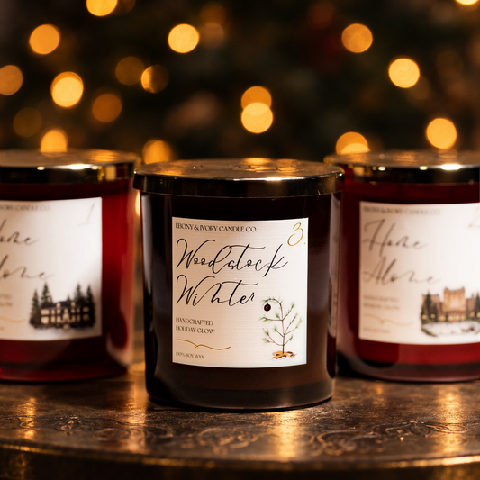 home alone and Woodstock winter candles in red and amber jars. christmas soy candles.
