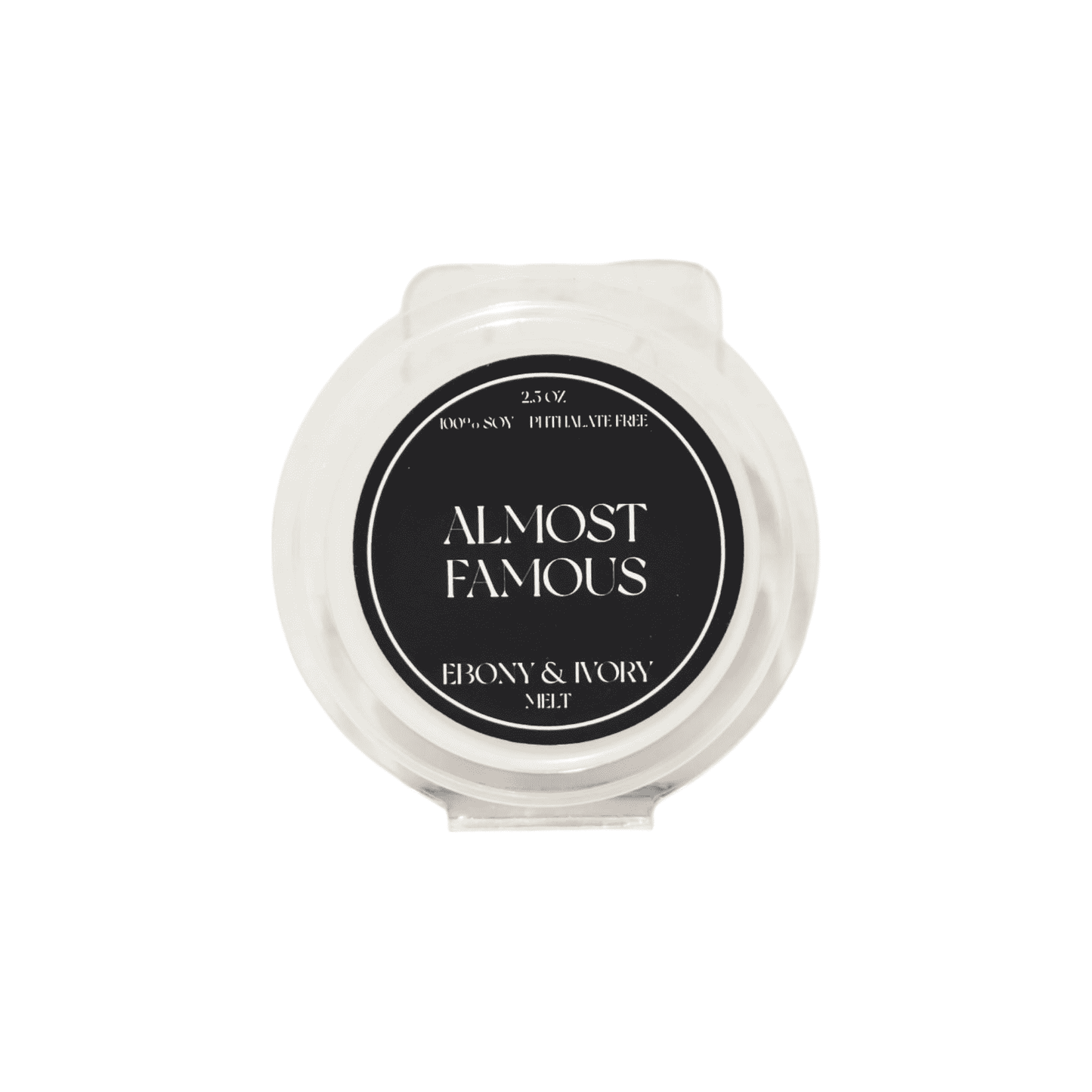 A clear 2.5oz clamshell scented soy wax melt with a black label named Almost Famous, on a white background, made by Ebony & Ivory Candle Co in Lethbridge, Alberta Canada