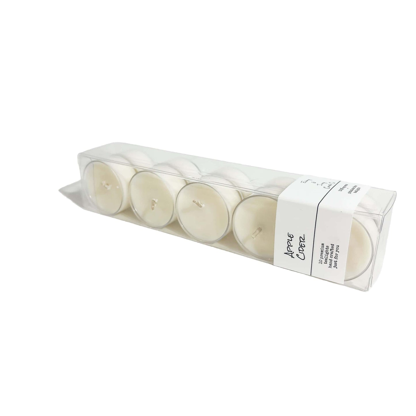A clear box of 10 soy tealights with a white label named Apple Cider on a white background, made by Ebony & Ivory Candle Co in Lethbridge, Alberta, Canada