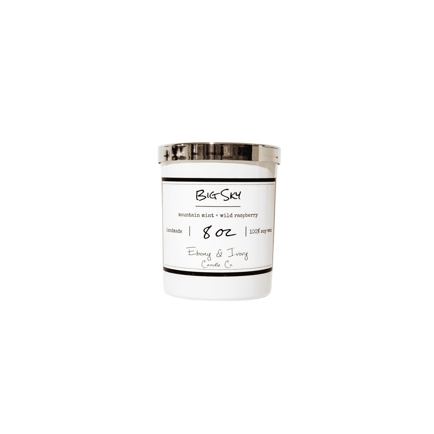 A white 8oz jar soy candle with a gold lid and a white label named Berried in the Pines, on a white background, made by Ebony & Ivory Candle Co in Lethbridge, Alberta, Canada