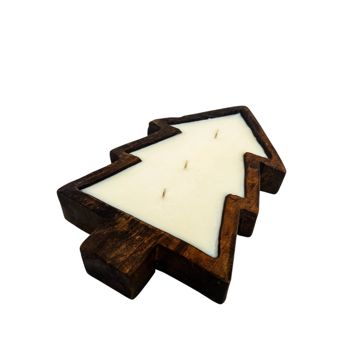 A brown wooden dough bowl candle in the shape of a pine tree.