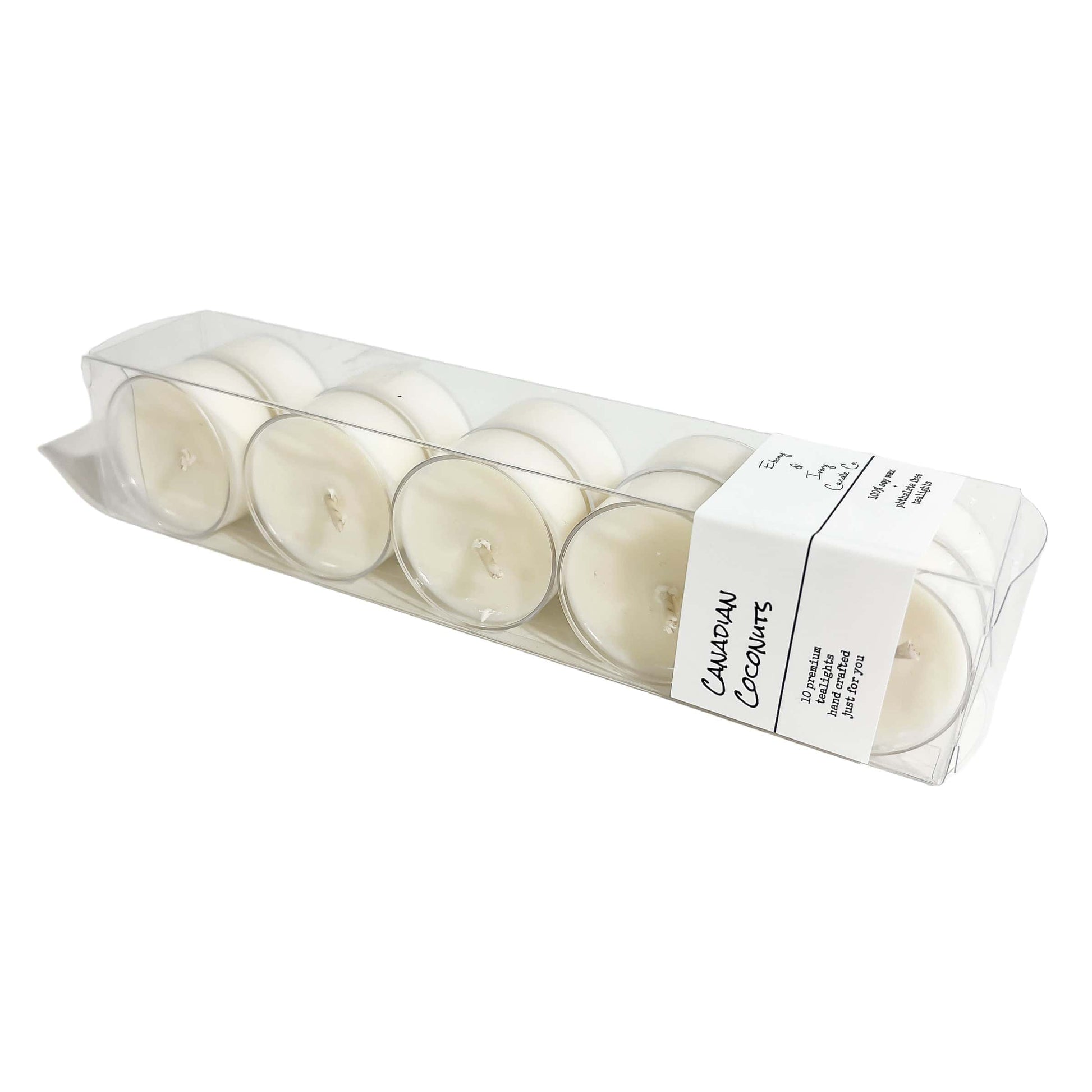 A clear box of 10 tea lights with a white label named Canadian Coconuts, on a white background, made by Ebony & Ivory Candle Co in Lethbridge, Alberta, Canada