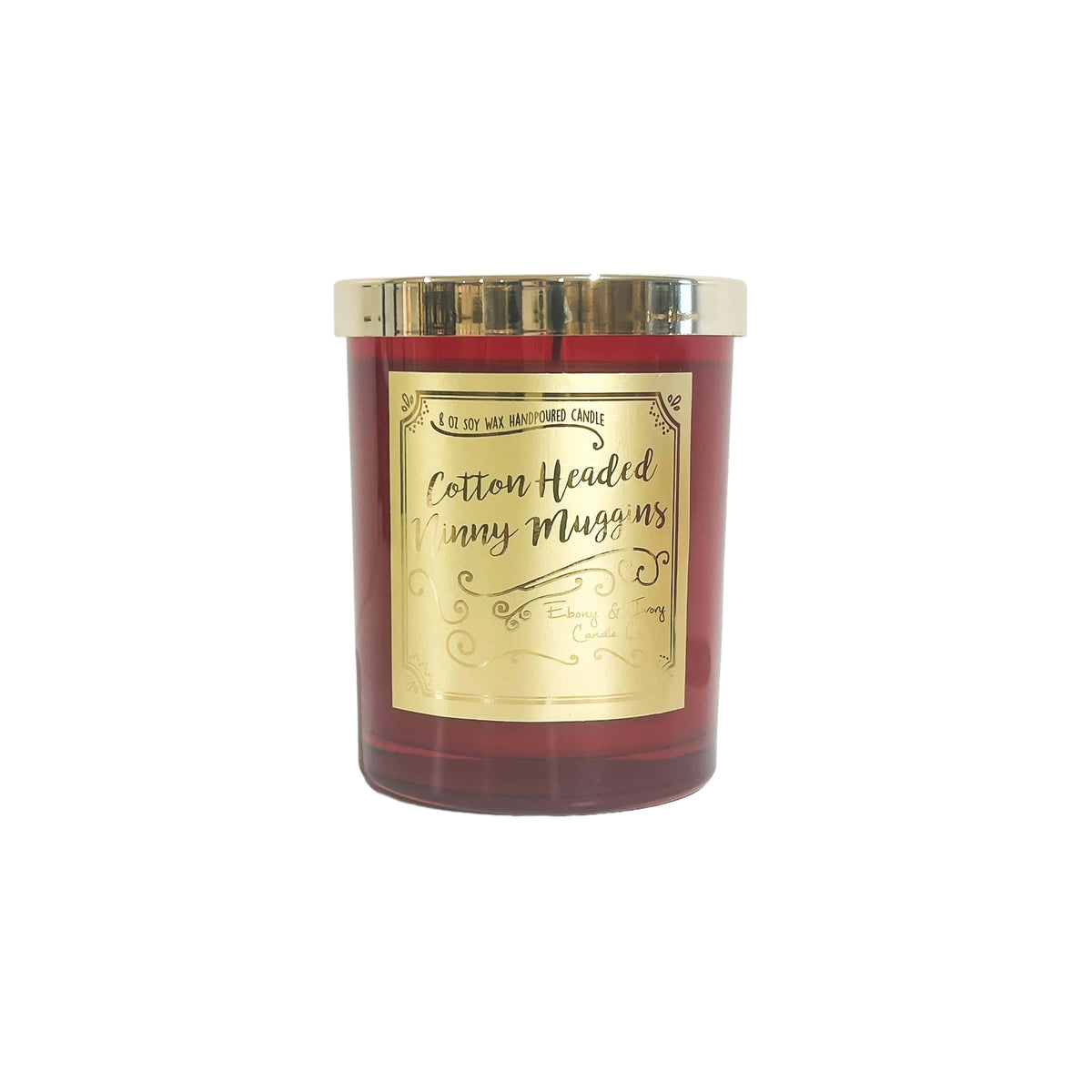 A red 8oz soy christmas candle with a gold lid and a gold label named "cotton headed ninny muggins"