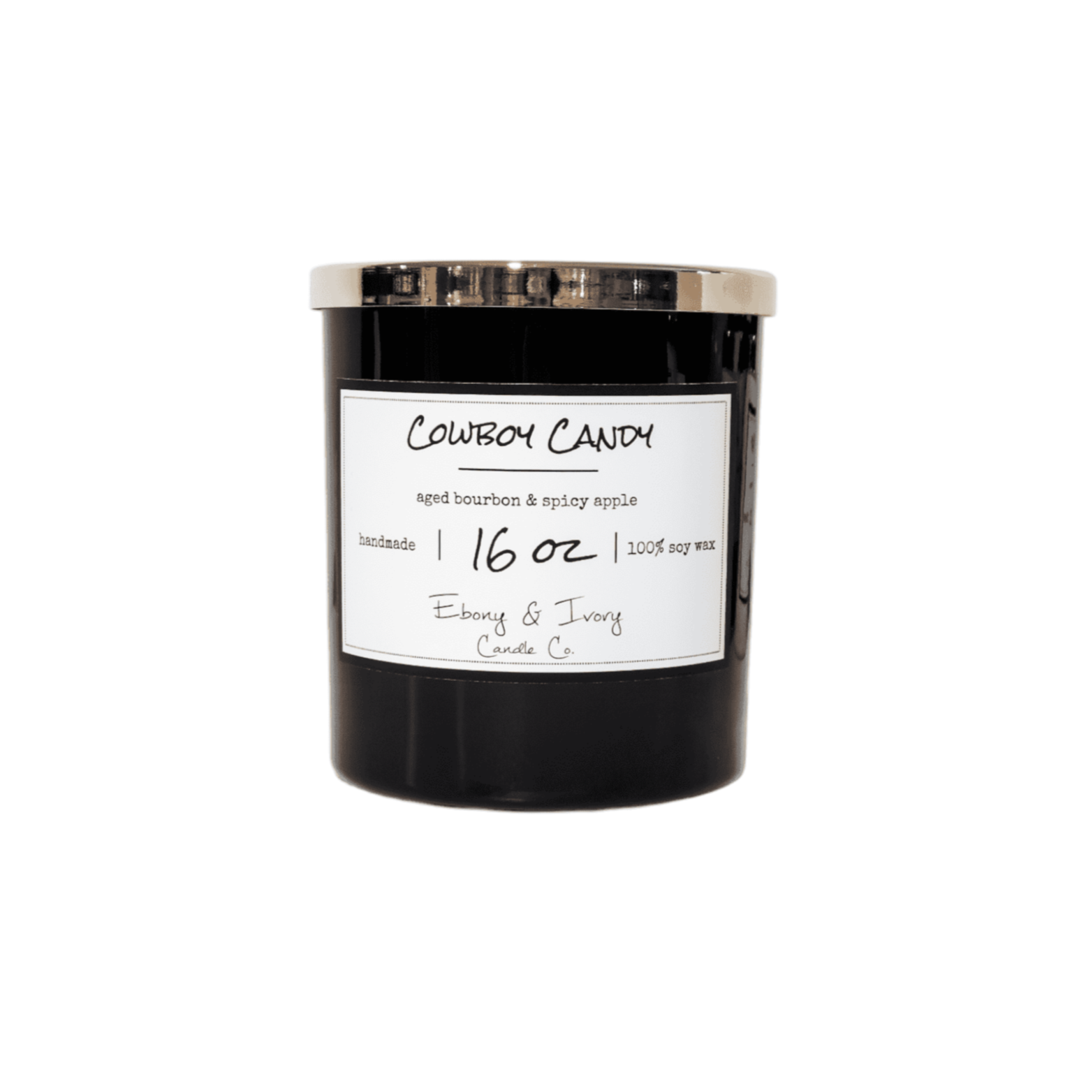 A black 16oz jar soy candle with a gold lid and a white label named Cowboy Candy on a white background, made by Ebony & Ivory Candle Co in Lethbridge, Alberta, Canada