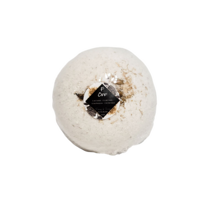 A white bath bomb with a round sticker label named F Off, on a white background, made by Ebony & Ivory Candle co in Lethbridge, Alberta, Canada