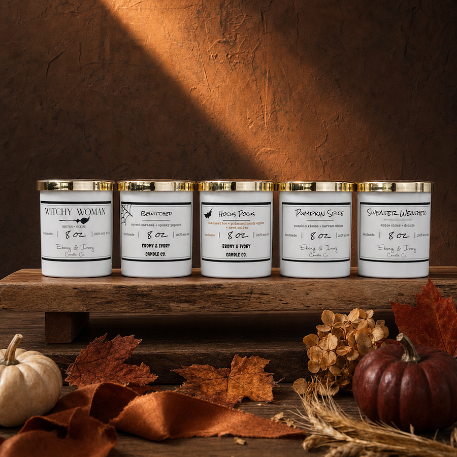 5 fall candles in white glass jars with gold lids. Fall soy candles that are made in Lethbridge Alberta Canada. 