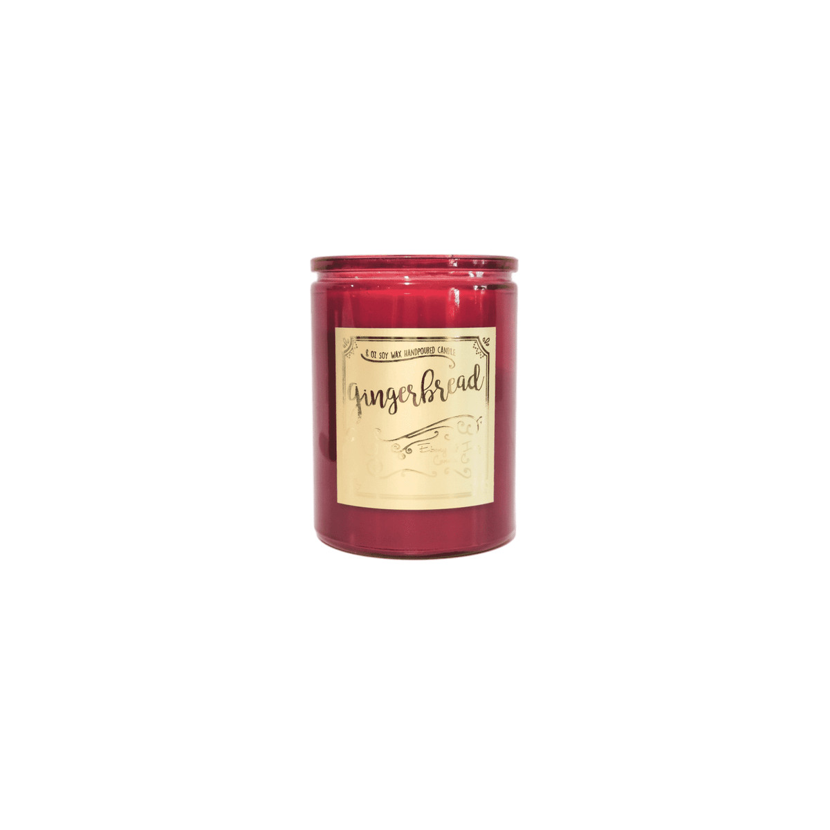 A red 12oz soy christmas candle with a gold label named "gingerbread"