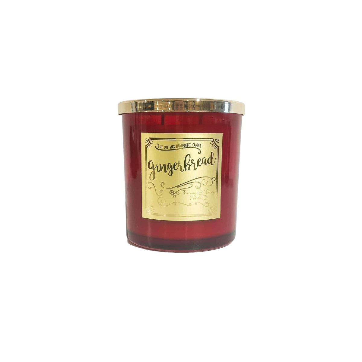A red 16oz soy christmas candle with a gold lid and a gold label named "gingerbread