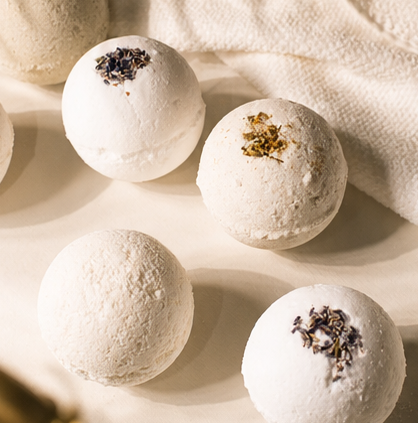 collage of bath bombs that are handmade with lavender, chamomile 
