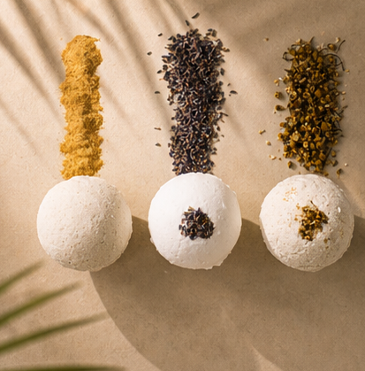 collage of bath bombs with pumpkin, lavender, chamomile and coconut oil

