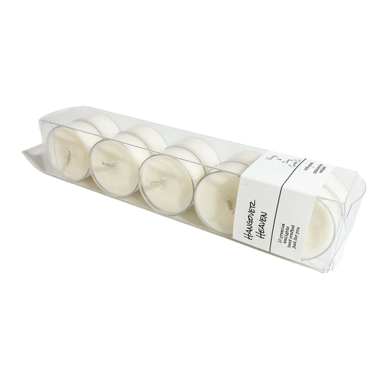 A clear box of 10 soy tea lights with a white label named Hangover Heaven, on a white background, made by Ebony & Ivory Candle Co in Lethbridge, Alberta, Canada