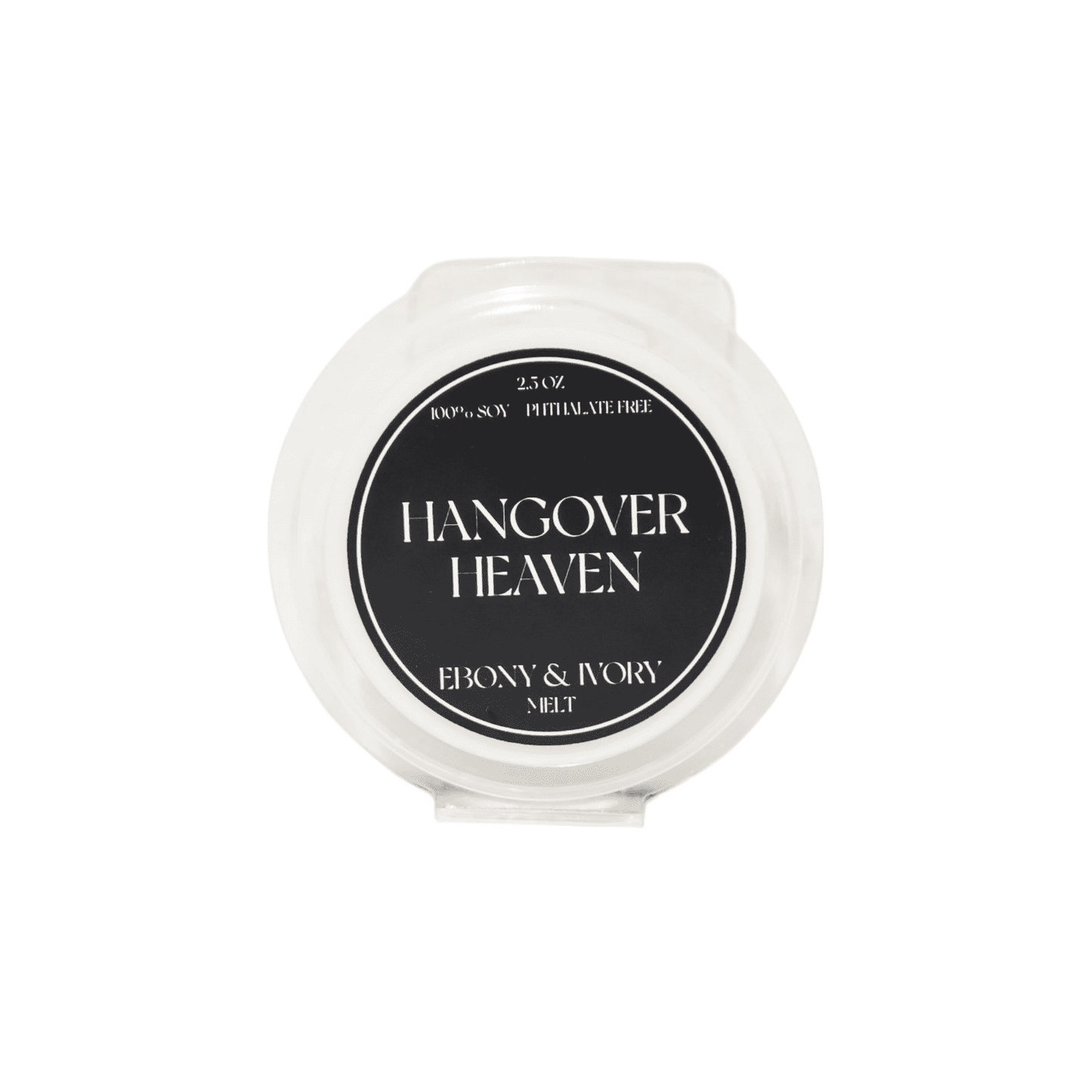 A clear clamshell wax melt tart with a black label named Hangover Heaven, on a white background, made by Ebony & Ivory Candle Co in Lethbridge, Alberta, Canada