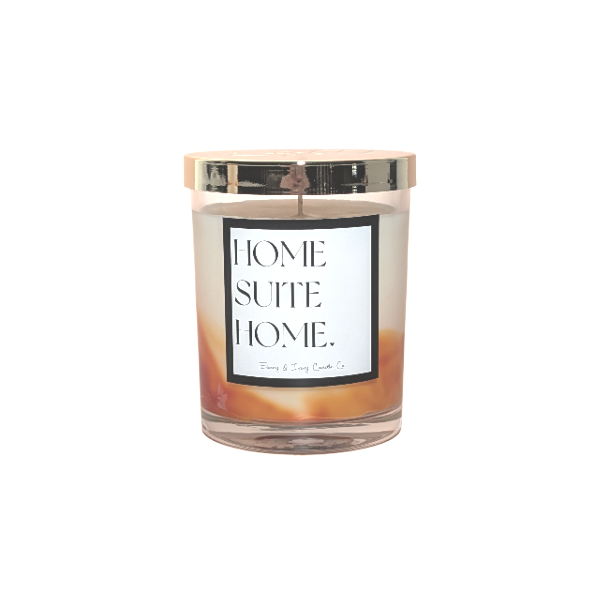 A clear glass 8oz jar soy candle with a gold lid and a white label named Home Suite Home, made by Ebony & Ivory Candle Co in Lethbridge, Alberta, Canada, on a white background with ivory and orange marbled wax.