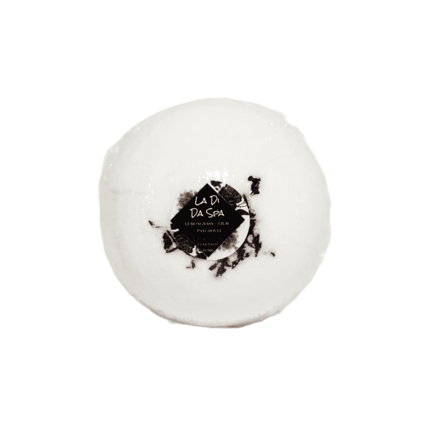A white bath bomb with hibiscus petals on top and a round sticker label named La Di Da Spa, on a white background, made by Ebony & Ivory Candle co in Lethbridge, Alberta, Canada