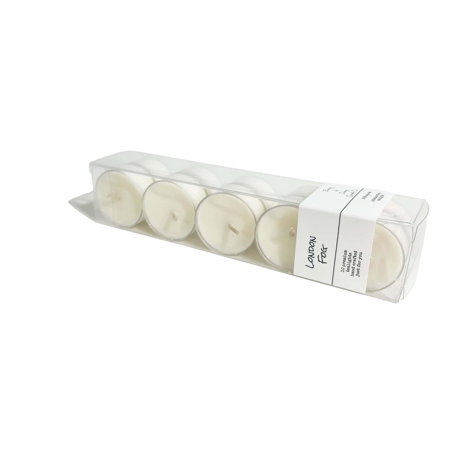 A clear box of 10 soy tea lights with a white label named London Fog, on a white background, made by Ebony & Ivory Candle Co in Lethbridge, Alberta, Canada