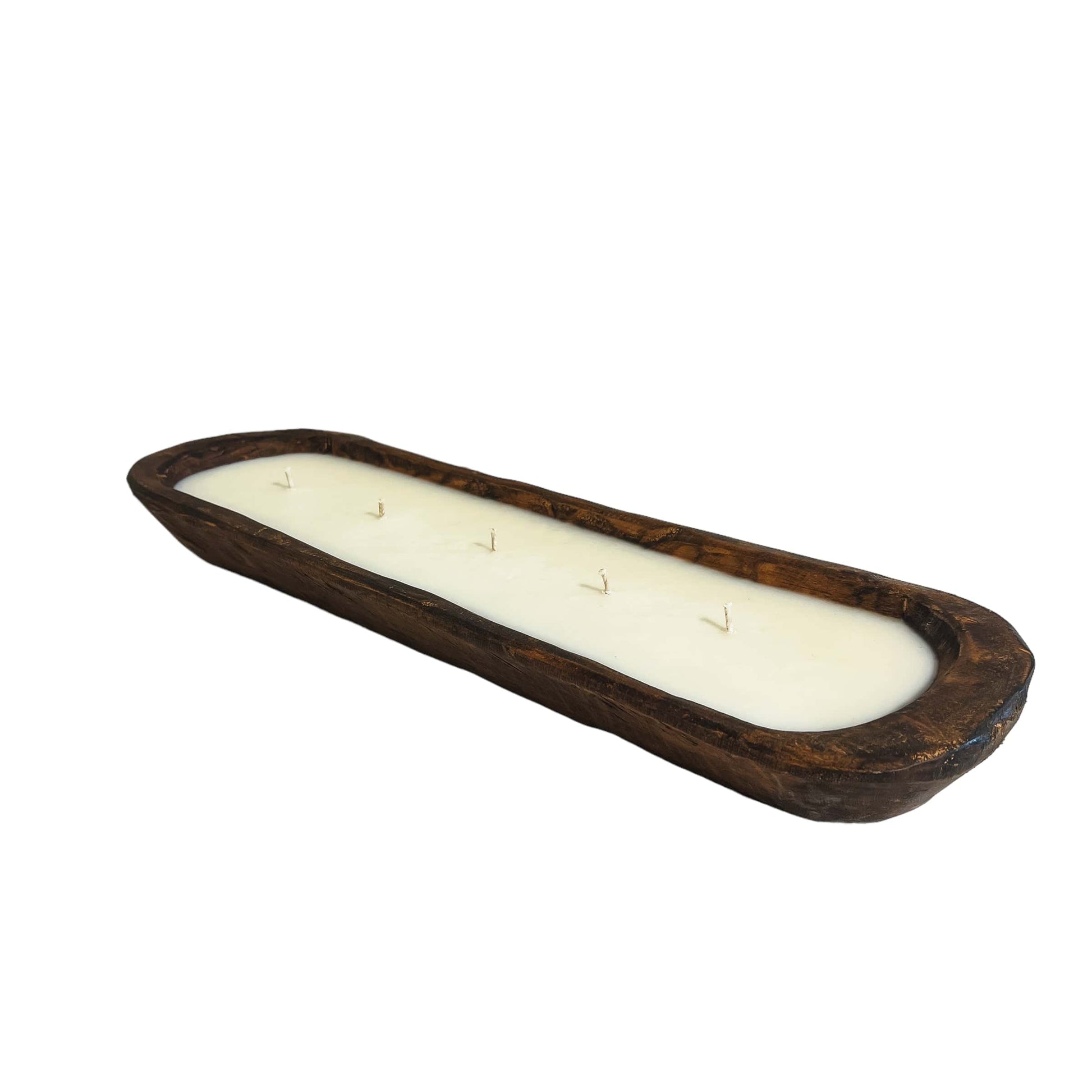 A long brown oval 5 wick dough bowl soy candle on a white background, made by Ebony & Ivory Candle Co in Lethbridge, Alberta, Canada