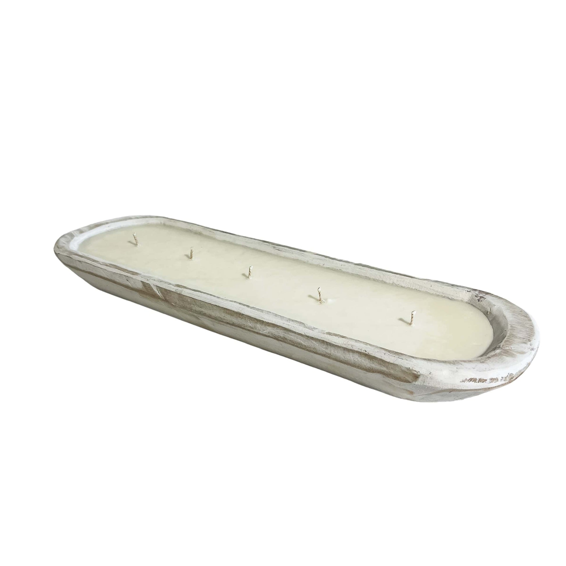 A long white oval 5 wick dough bowl soy candle on a white background, made by Ebony & Ivory Candle Co in Lethbridge, Alberta, Canada