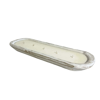 A long white oval 5 wick dough bowl soy candle on a white background, made by Ebony & Ivory Candle Co in Lethbridge, Alberta, Canada