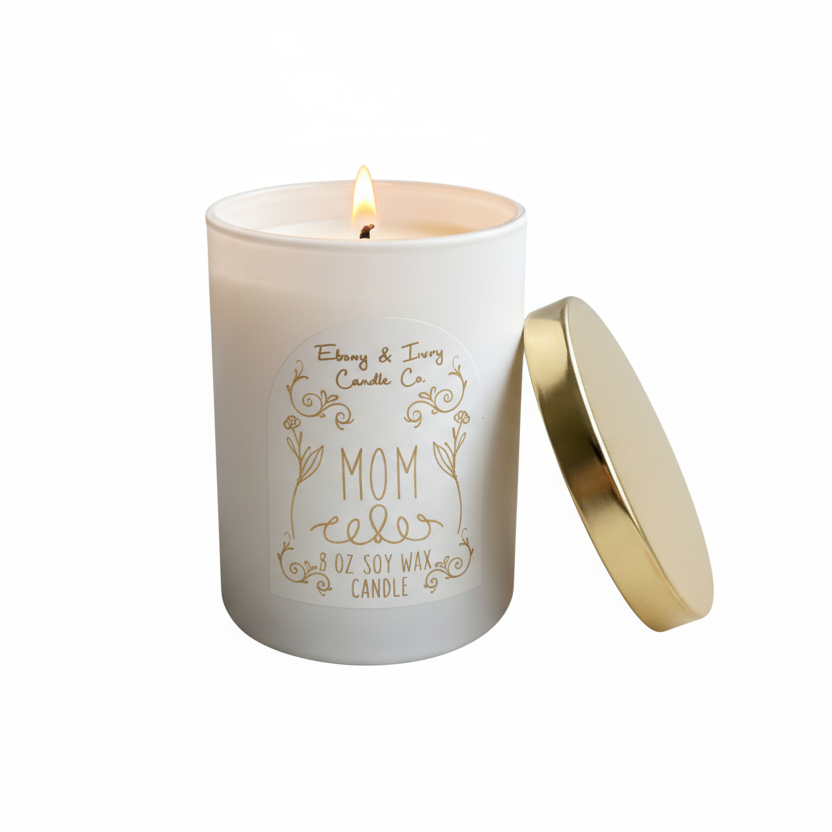 A white 8oz soy candle with a gold lid and a white label with gold lettering that reads "Mom" made by ebony & ivory candle co in lethbridge alberta canada
